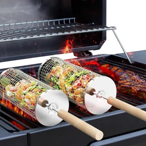 Rolling BBQ Cage with Wooden Handle - Outdoor BBQ Grill Basket | 304 Stainless Steel Grill Cylinder & Grill Net