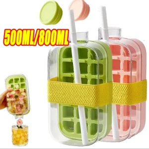 2-in-1 Ice Cube Tray Water Bottle with Press-to-Release Silicone Tray & Built in Bin Freezer-Safe Reusable Plastic with Straw
