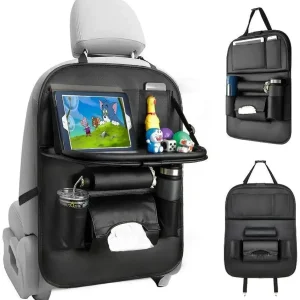 Car Seat Back Organizer with Foldable Table Tray PU Leather Storage Organizer with Pockets Kick Mats Seat Interior Accessories