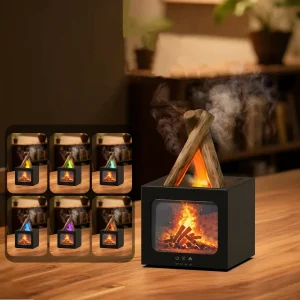 Fireplace Air Humidifier USB Essential Oil Diffuser, 240ml Ultrasonic Cool Mist Maker with 7-Color Flame Night Light for Home